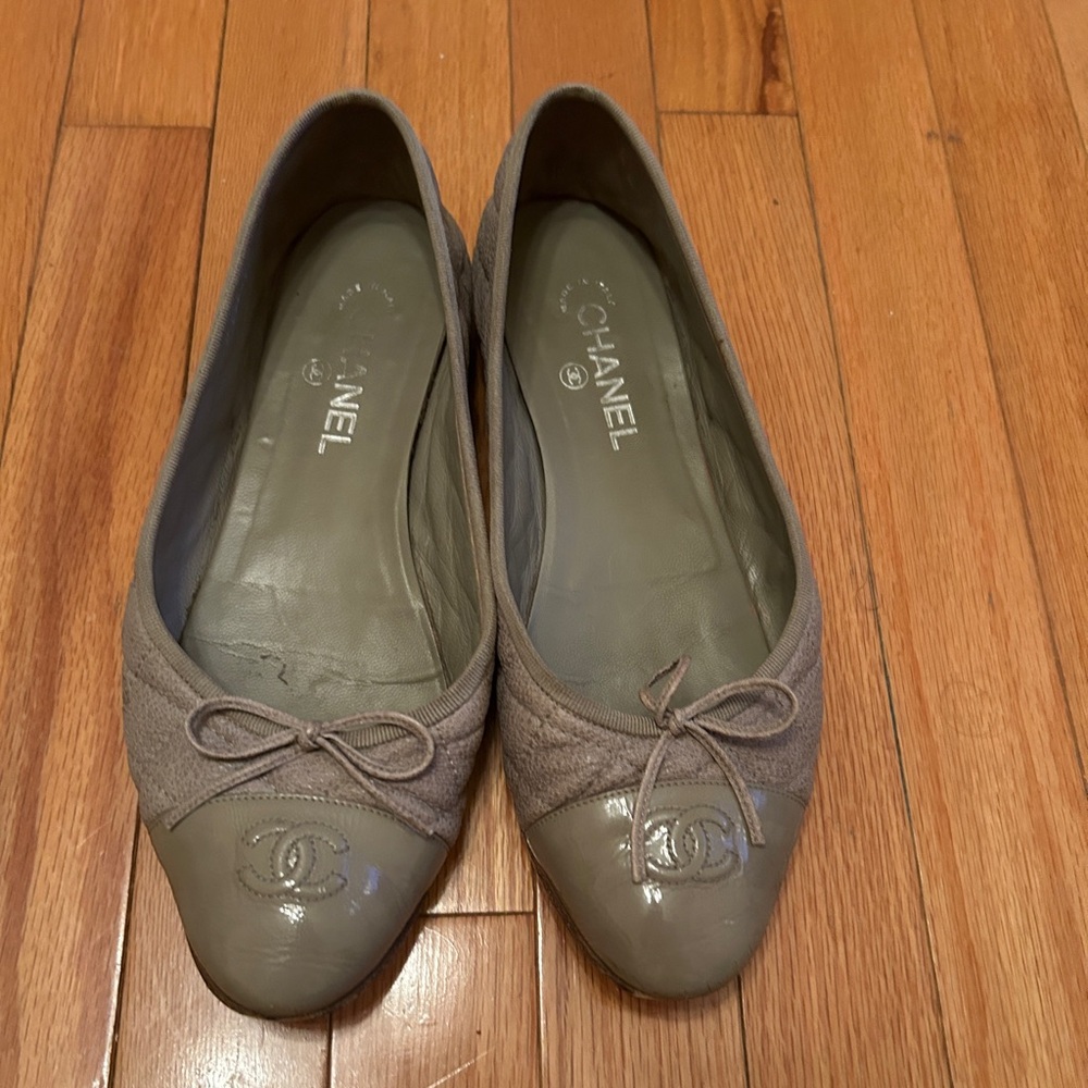 Taupe/Beige Quilted Chanel Ballet Flats